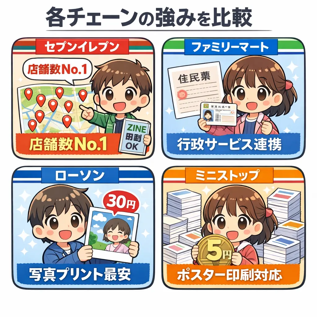 コンビニ各チェーンのサービス内容と特徴 - コンビニ コピー
